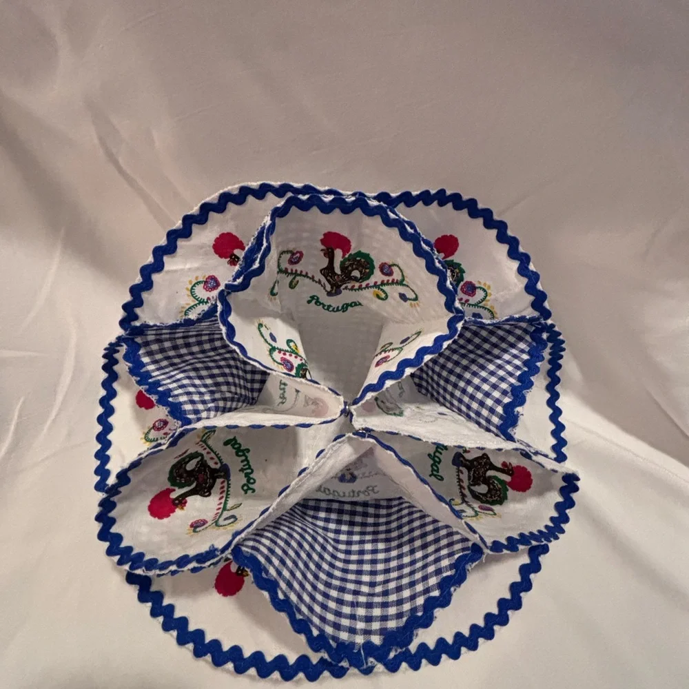 Portugal roll warmer. Blue and White Rooster Embroidered Doily